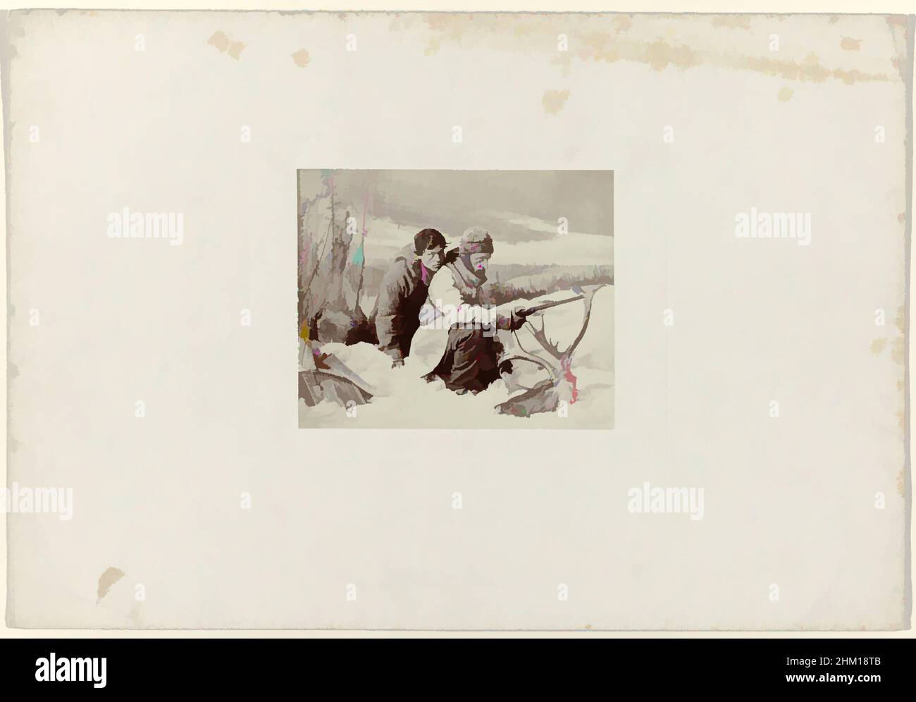 Kunst inspiriert von zwei Jägern im Schnee mit dem Kopf eines Elchs, Cariboo Hunting. The Chance shot, William Notman, Montréal, 1866, Papier, Karton, Albumendruck, Höhe 96 mm × Breite 118 mmhöhe 230 mm × Breite 335 mm, Classic Works modernisiert von Artotop mit einem Schuss Moderne. Formen, Farbe und Wert, auffällige visuelle Wirkung auf Kunst. Emotionen durch Freiheit von Kunstwerken auf zeitgemäße Weise. Eine zeitlose Botschaft, die eine wild kreative neue Richtung verfolgt. Künstler, die sich dem digitalen Medium zuwenden und die Artotop NFT erschaffen Stockfoto