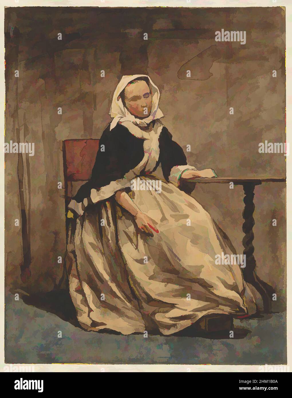 Kunst inspiriert von Frau an einem kleinen Tisch sitzend, Zeichner: Jan Weissenbruch, 1832 - 1880, Papier, Bleistift, Pinsel, Höhe 269 mm × Breite 212 mm, Classic Works modernisiert von Artotop mit einem Schuss Modernität. Formen, Farbe und Wert, auffällige visuelle Wirkung auf Kunst. Emotionen durch Freiheit von Kunstwerken auf zeitgemäße Weise. Eine zeitlose Botschaft, die eine wild kreative neue Richtung verfolgt. Künstler, die sich dem digitalen Medium zuwenden und die Artotop NFT erschaffen Stockfoto