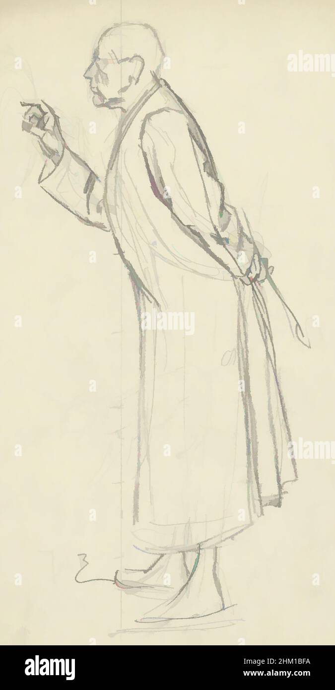 Kunst inspiriert von stehendem Mann im Morgenmantel, nach links gewandt, möglicherweise ein Entwurf für einen Druck., Zeichner: Johan Braakensiek, 1868 - 1940, Papier, Bleistift, Höhe 280 mm × Breite 145 mm, Classic Works modernisiert von Artotop mit einem Schuss Modernität. Formen, Farbe und Wert, auffällige visuelle Wirkung auf Kunst. Emotionen durch Freiheit von Kunstwerken auf zeitgemäße Weise. Eine zeitlose Botschaft, die eine wild kreative neue Richtung verfolgt. Künstler, die sich dem digitalen Medium zuwenden und die Artotop NFT erschaffen Stockfoto