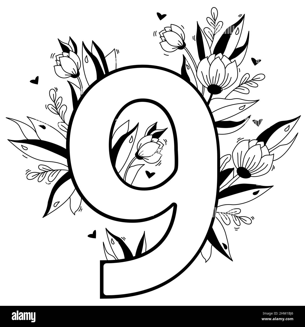 Blumennummer. Dekorative Blumenmuster Zahlen neun. Big 9 mit Blumen, Knospen, Ästen, Blättern und Herzen. Vektorgrafik. Linie, Kontur. Für Stock Vektor