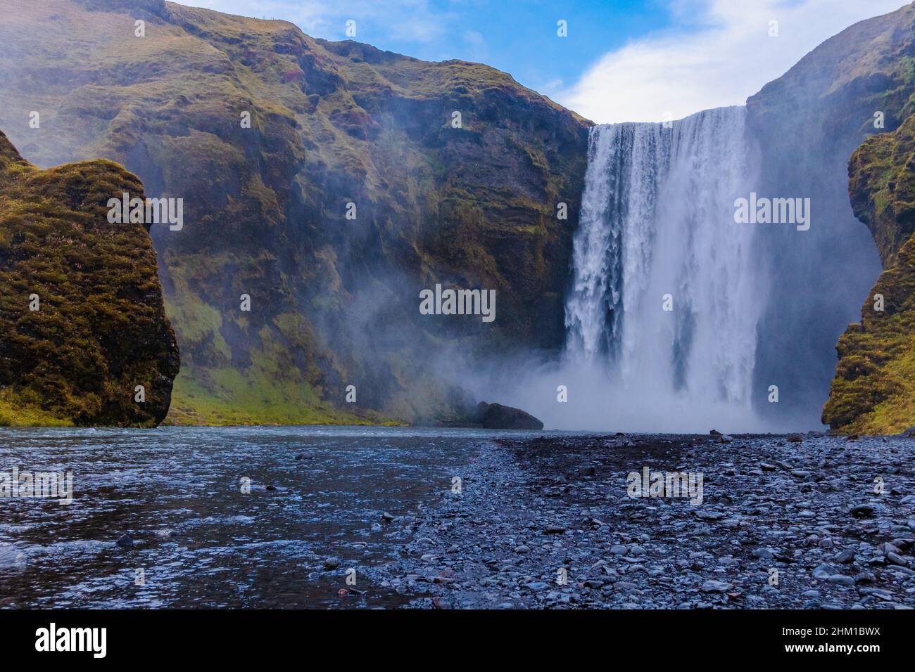 Skógafoss Wasserfall mit einem isländischen Pferd in Island, ein magisches Naturwunder Stockfoto