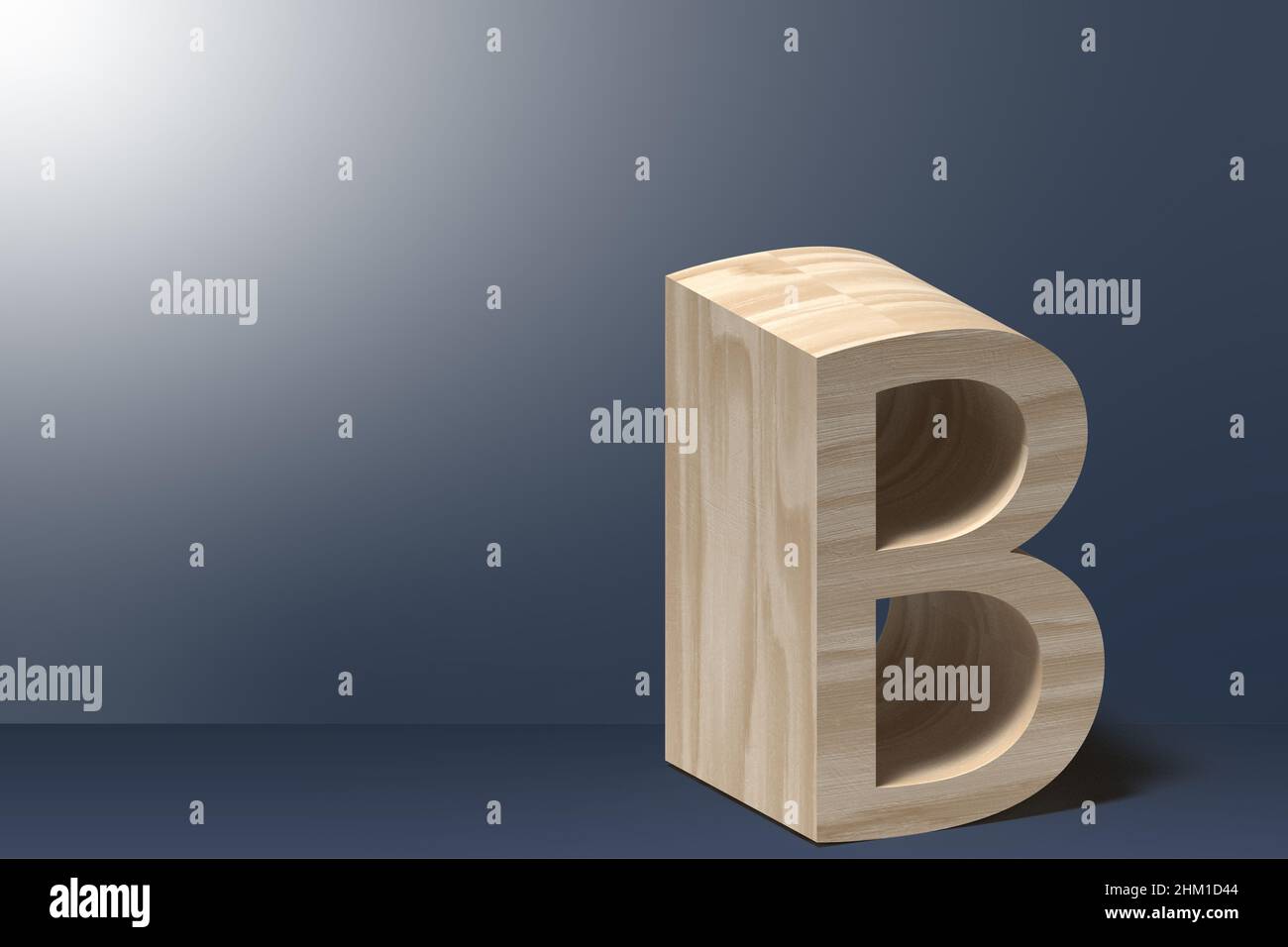 3D Buchstabe B Abbildung in Natursperrholz auf hellgrauem Hintergrund Stockfoto