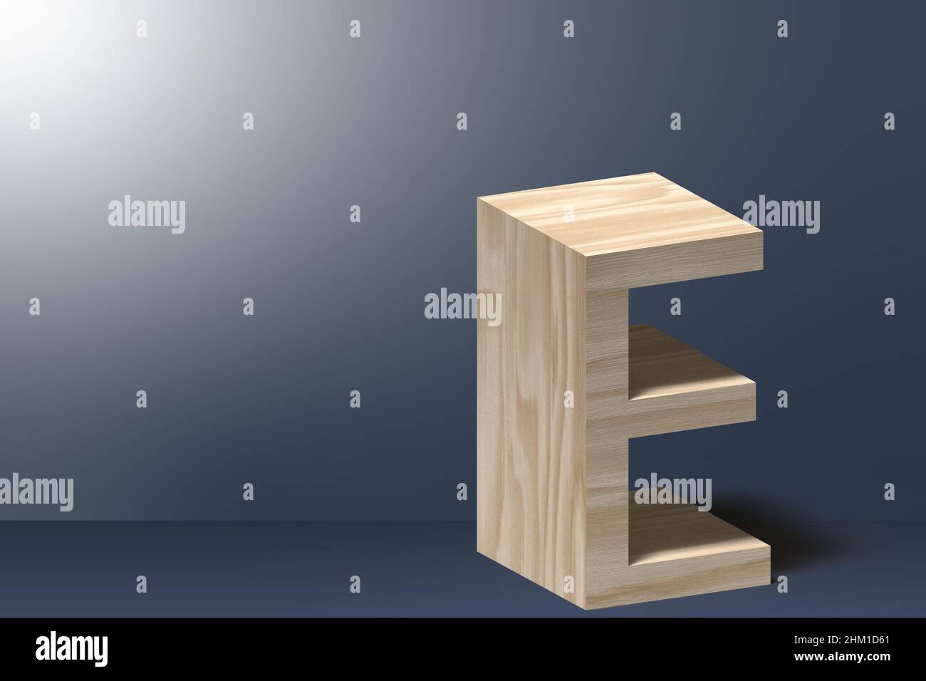 3D Buchstabe E Illustration in Natursperrholz auf hellgrauem Hintergrund Stockfoto