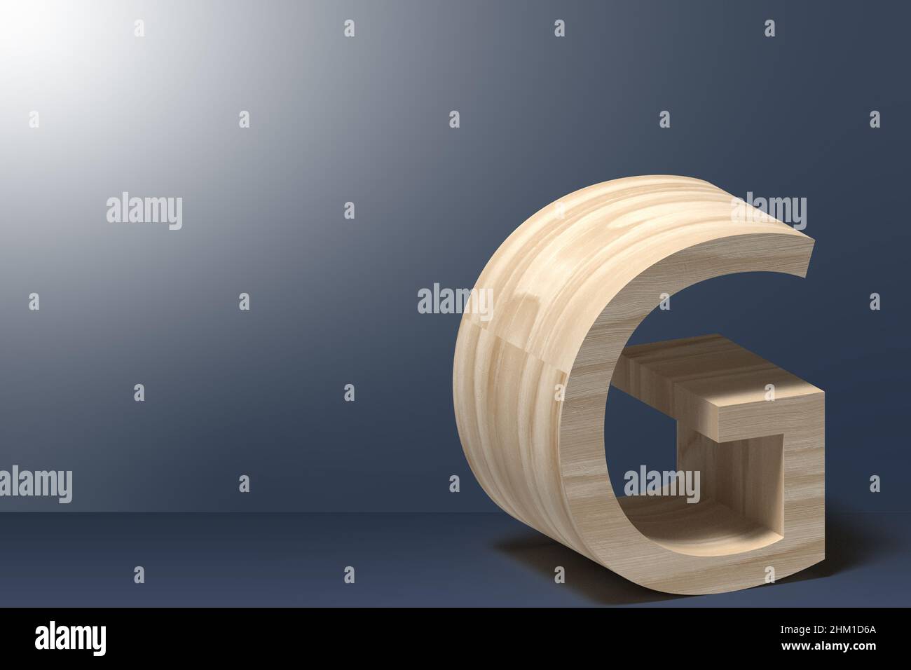3D Buchstabe G Abbildung in Natursperrholz auf hellgrauem Hintergrund Stockfoto