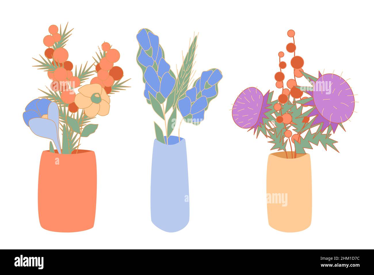 Bouquetes von Blütenblumen in minimalistischen Keramikvasen Vektor abstrakte Mimosen, Krokus, winterberry, Bluebell, Narzissen, thistle in Blumentopf Schüssel Stock Vektor