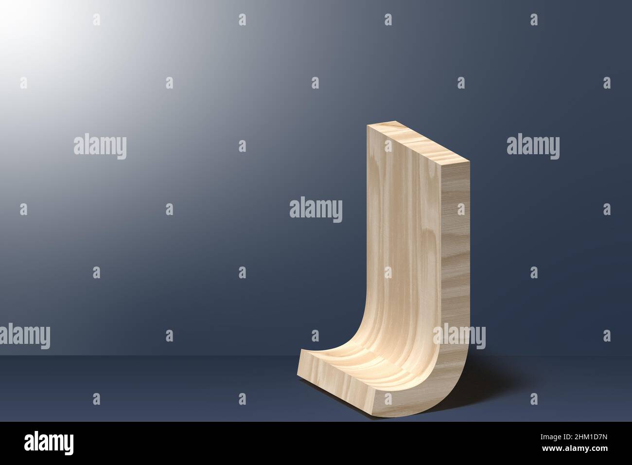3D Buchstabe J Illustration in Natursperrholz auf hellgrauem Hintergrund Stockfoto