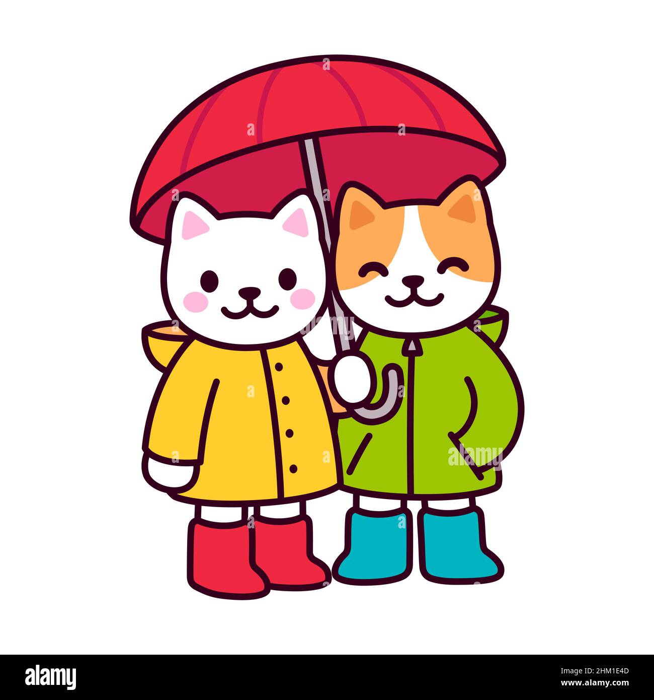 Nette Cartoon Katze paar Zeichnung mit Regenschirm. Zwei Kawaii-Katzen in Regenmänteln und Regenstiefeln. Isolierte Vektor-Clip-Art-Illustration. Stock Vektor