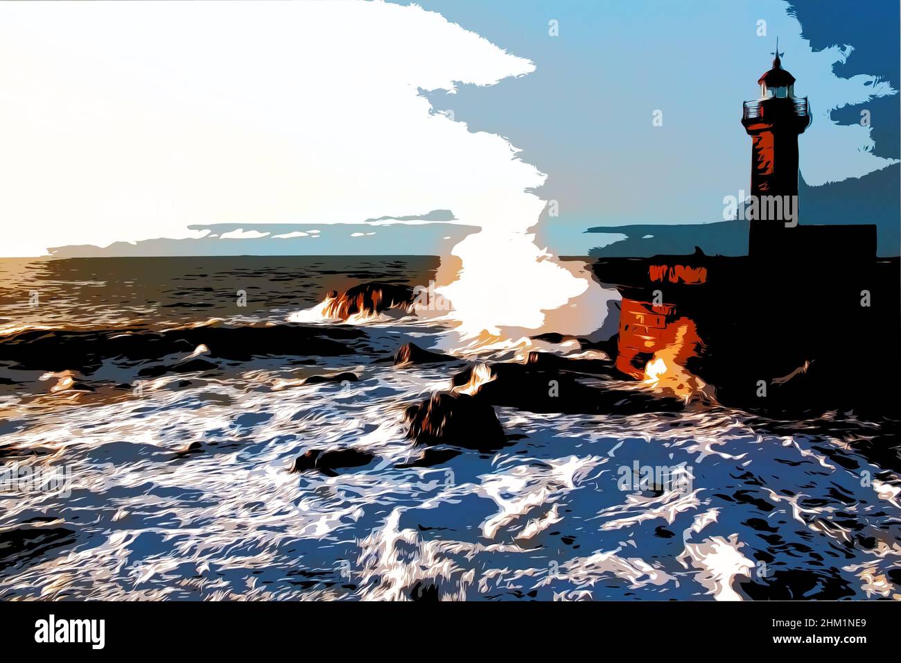 Abbildung. Die Wellen des Atlantischen Ozeans stürzen bei Sonnenuntergang am Leuchtturm gegen die Felsen Stockfoto