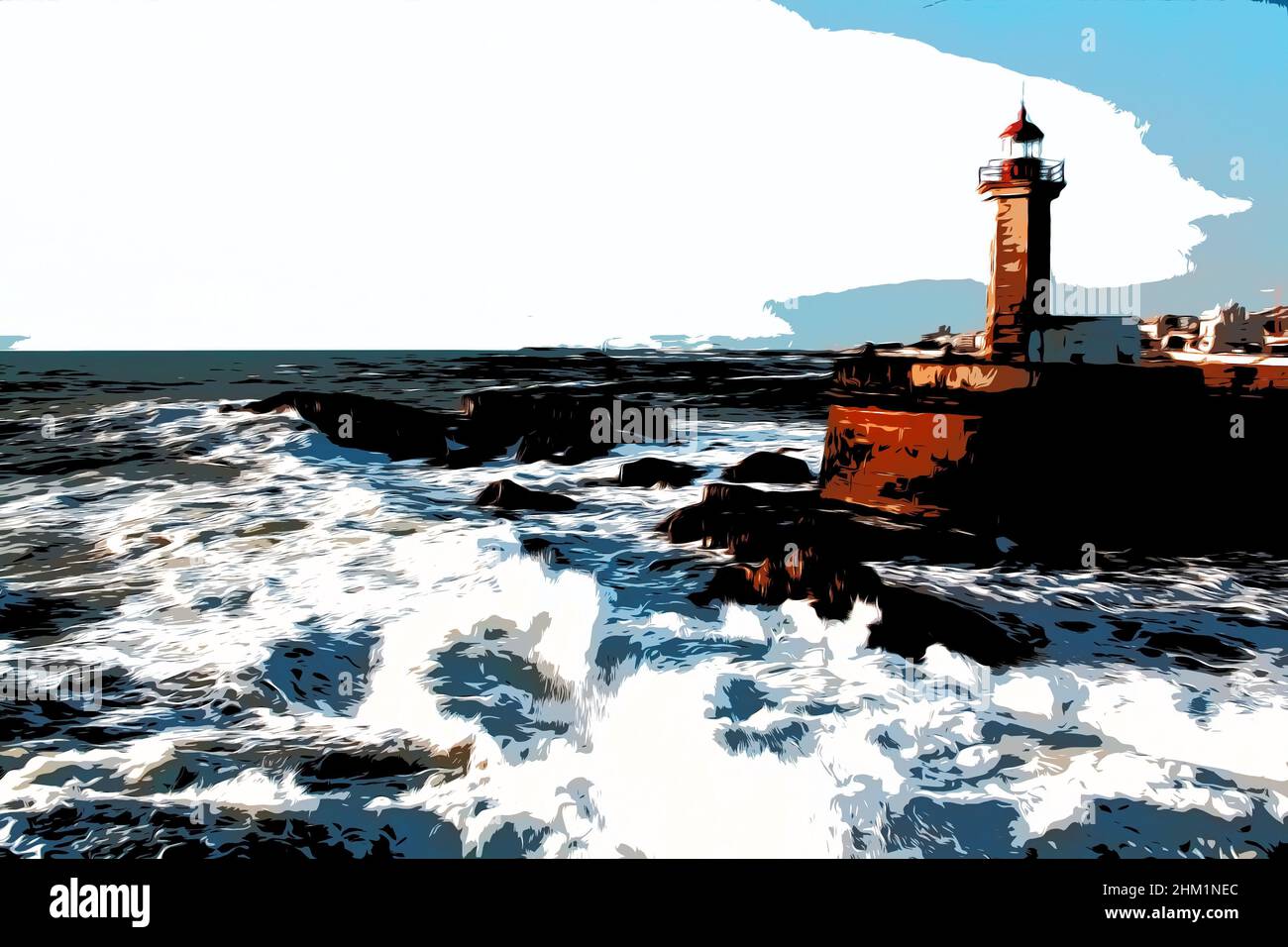 Abbildung. Die Wellen des Atlantischen Ozeans stürzen bei Sonnenuntergang am Leuchtturm gegen die Felsen Stockfoto