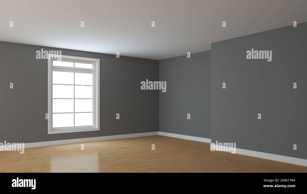 Leere Innenecke mit grauen Wänden, weißem Fenster, hellem glänzenden Parkettboden und weißem Sockel. Perspektivische Ansicht. 3D Illustration mit einem Arbeitspfad Stockfoto
