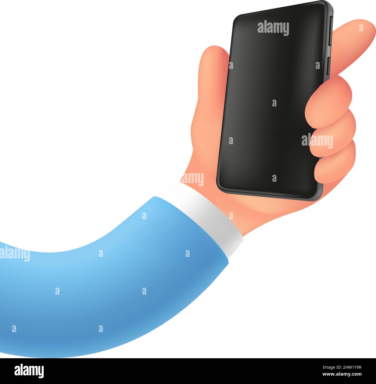 Elastische Cartoon-Hand mit einem Smartphone, 3D Render. Lustige Figur Hand hält ein Handy mit einem leeren Raum auf dem Bildschirm des Geräts. Realistischer vec Stock Vektor