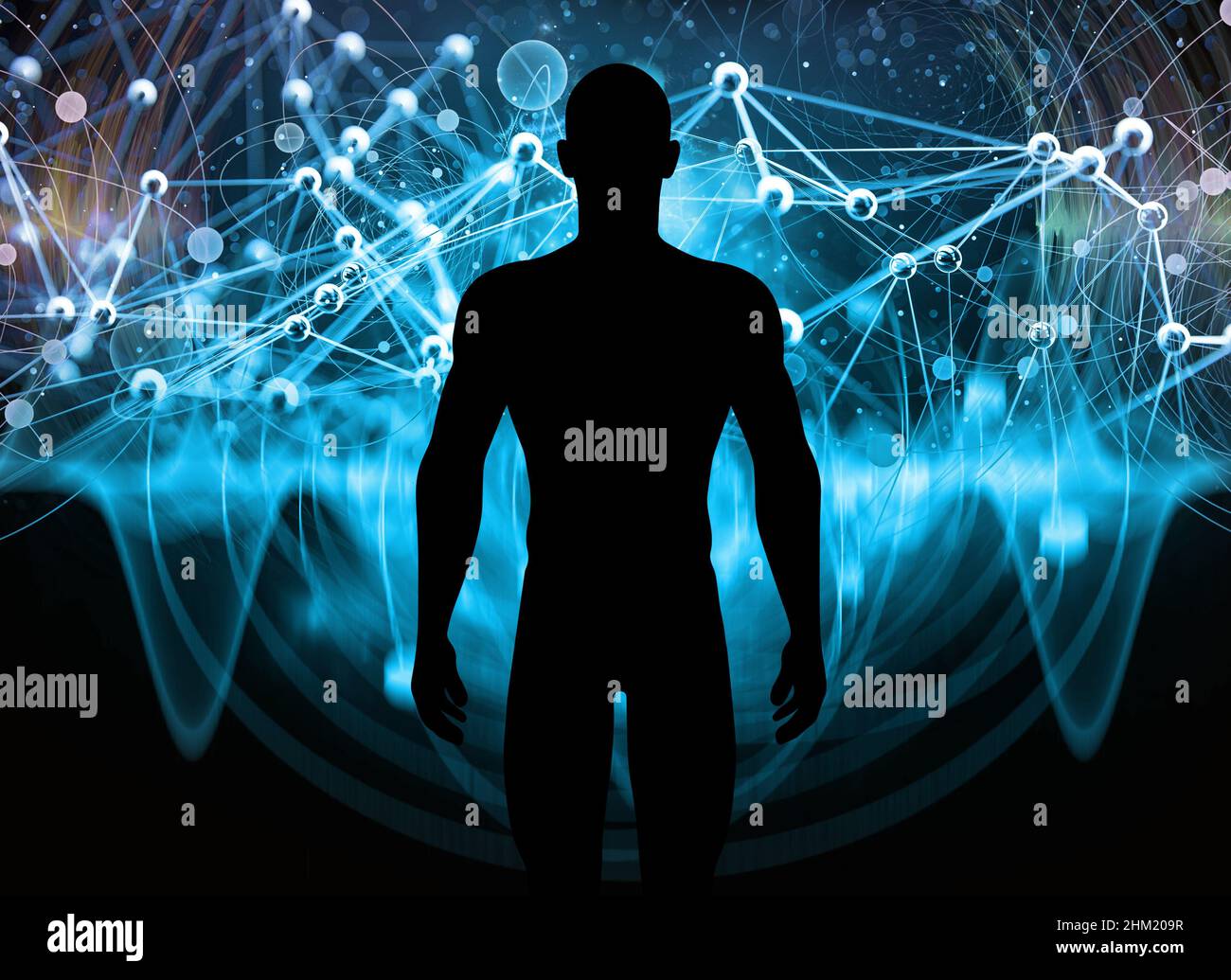 Komposition von menschlicher Silhouette und abstrakten Elementen der Quantenphysik, des Designs und der Visualisierung Stockfoto