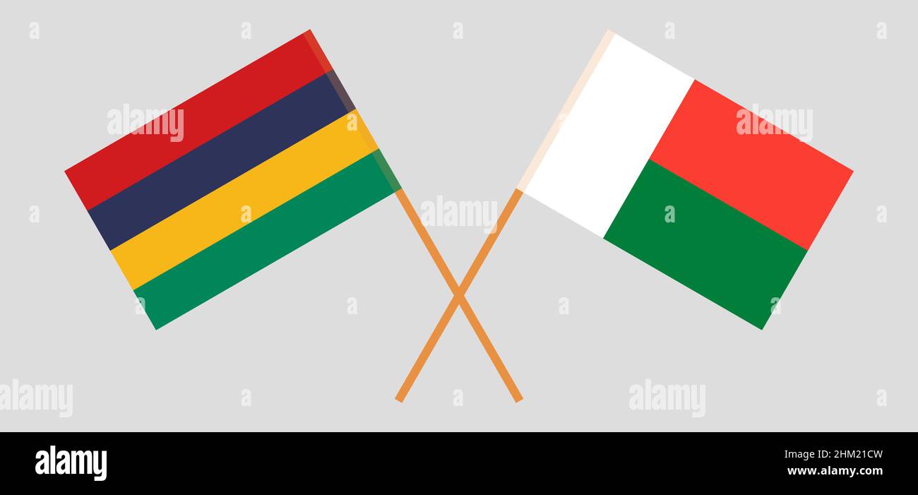 Gekreuzte Flaggen von Mauritius und Madagaskar. Offizielle Farben. Korrektes Verhältnis. Vektorgrafik Stock Vektor