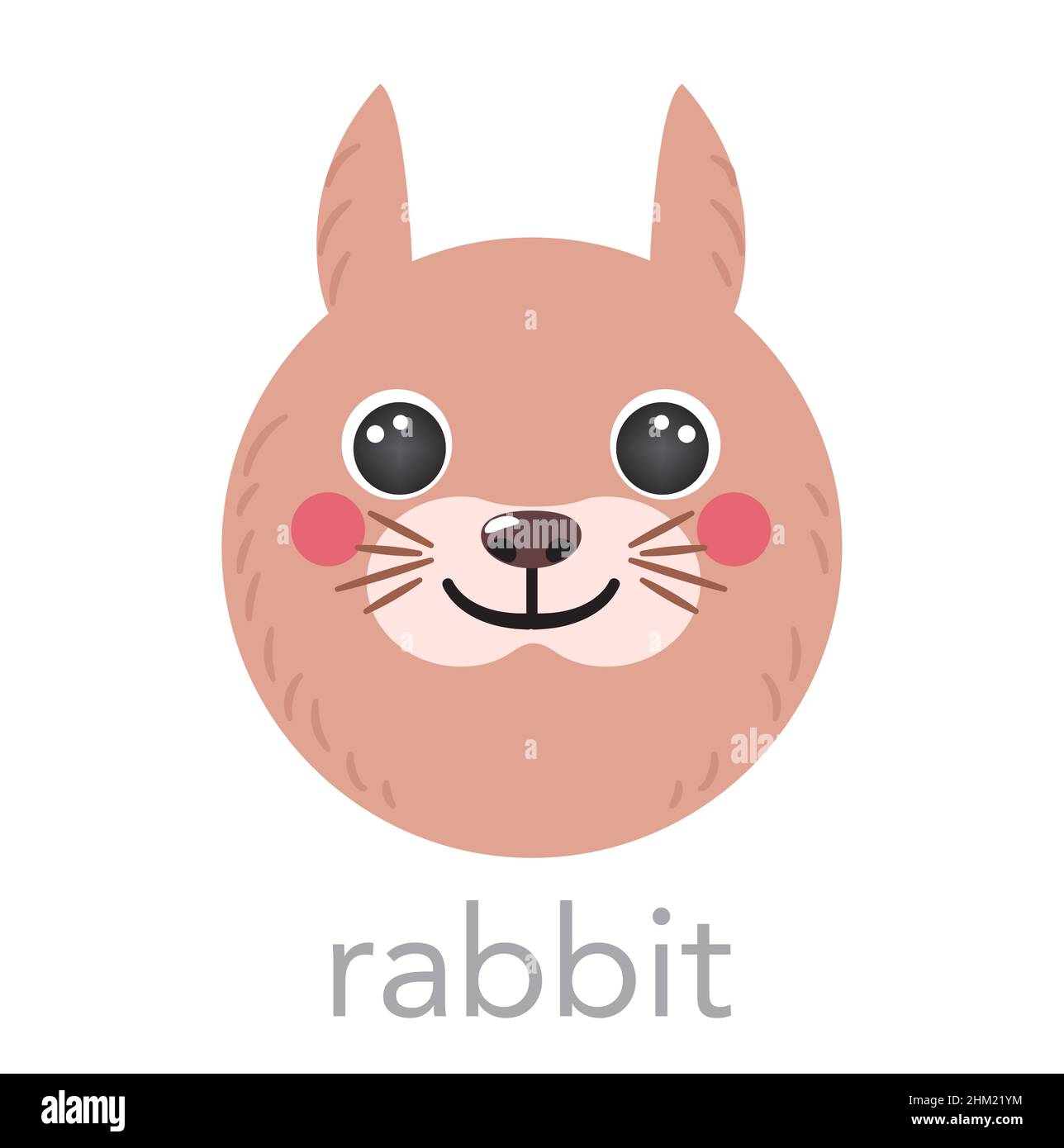 Kaninchen Hase nettes Porträt mit Namen Text Lächeln Kopf Cartoon runde Form Avatar Tier Gesicht, isolierte Vektor-Symbol-Illustrationen. Flaches einfaches handgezeichnetes Poster für Kinder, Karten, T-Shirts, Babykleidung Stock Vektor