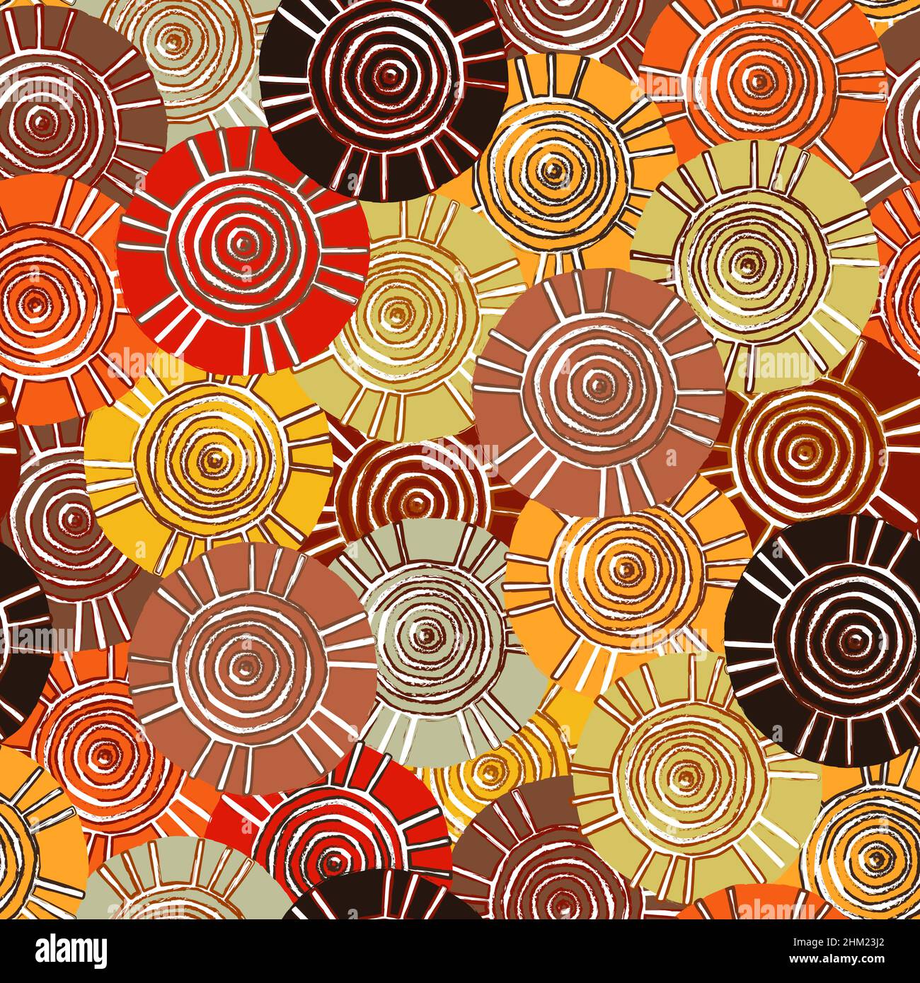 Kreisförmiges Stammesmuster mit Motiven der afrikanischen Stämme Surma und Mursi; nahtlose Textur geeignet für Print, Textil, Tapete, Hintergrund oder Station Stockfoto