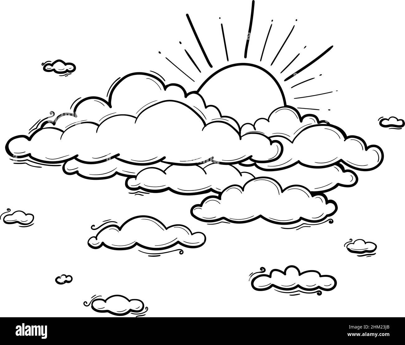 Sonne und Wolke Zeichnung in Gravur skizzieren Stil. Vektorgrafik isoliert auf Weiß Stock Vektor