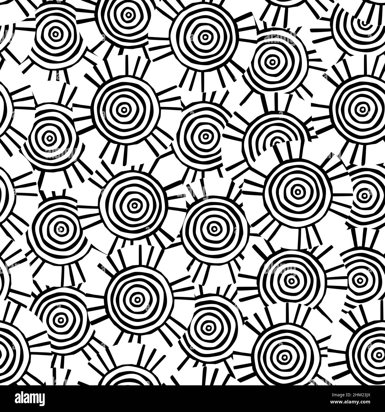 Kreisförmiges Stammesmuster mit Motiven der afrikanischen Stämme Surma und Mursi; nahtlose Textur geeignet für Print, Textil, Tapete, Hintergrund oder Station Stockfoto
