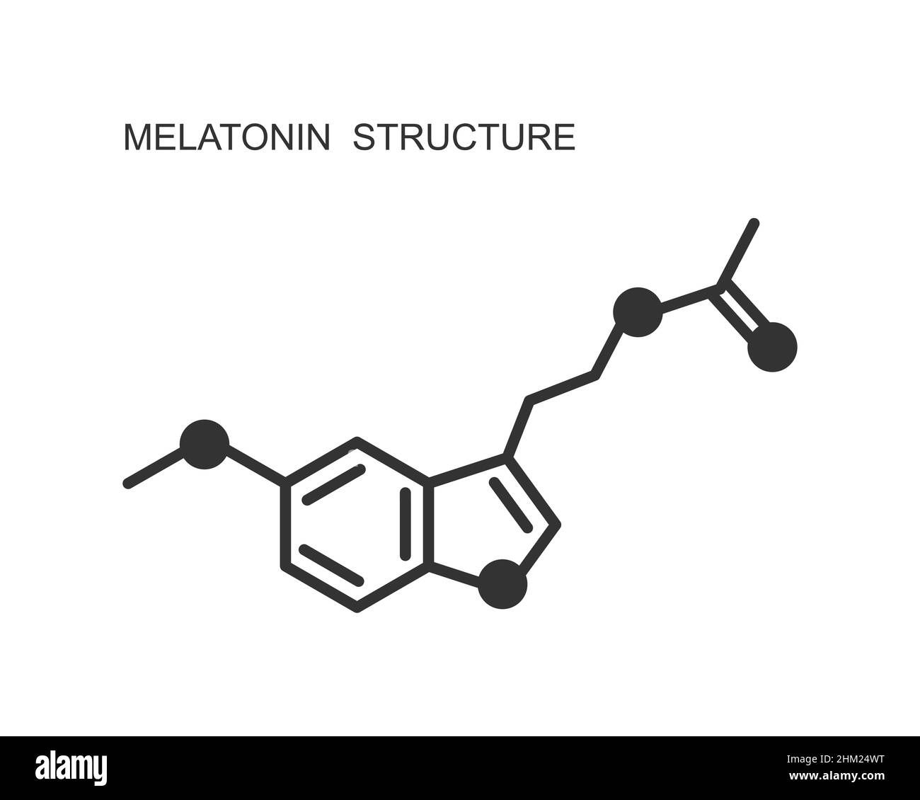Melatonin-Symbol. Somnolenzhormon für Jetlag, Schlaflosigkeit, zirkadiane Rhythmusstörungen Therapie verwendet. Chemische Molekülstruktur. Schild für die Regelung des Schlafzyklus. Vektordarstellung Stock Vektor