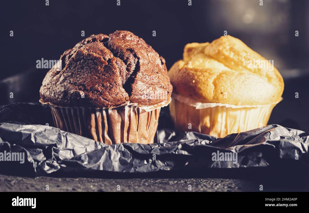 Schokoladenmuffin und Heidelbeer-Muffin, hausgemachte Bäckerei, auf dunklem Hintergrund Stockfoto