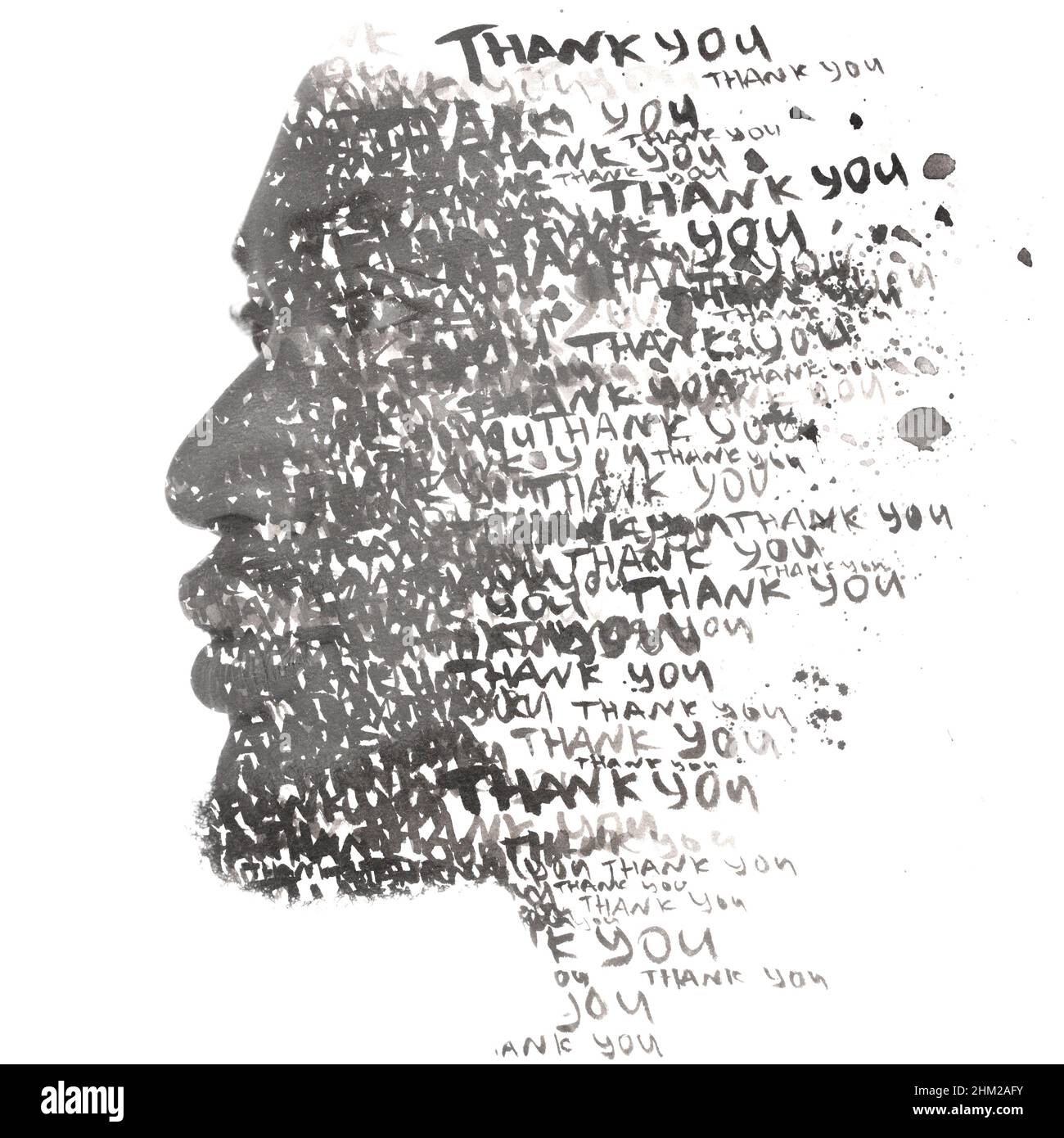 Ein Porträt eines Mannes kombiniert mit einer Wortwolke. Paintographie. Stockfoto
