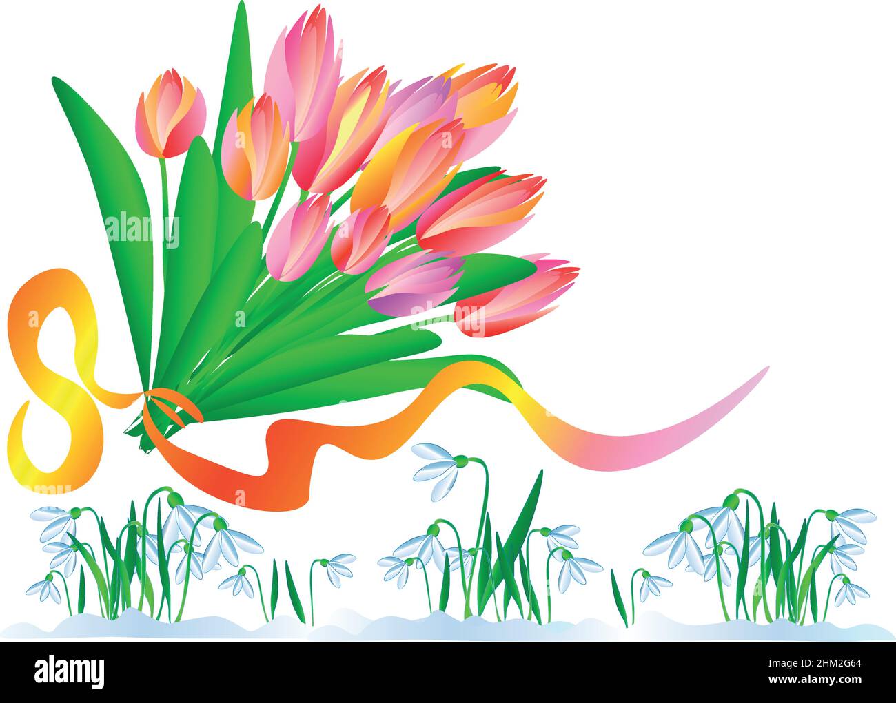 Im Frühling wurde ein Bouquet aus schönen Tulpen und blühenden Süßtropfen dargestellt. Die Natur erwachte in ihrer ganzen Schönheit. vector Stock Vektor