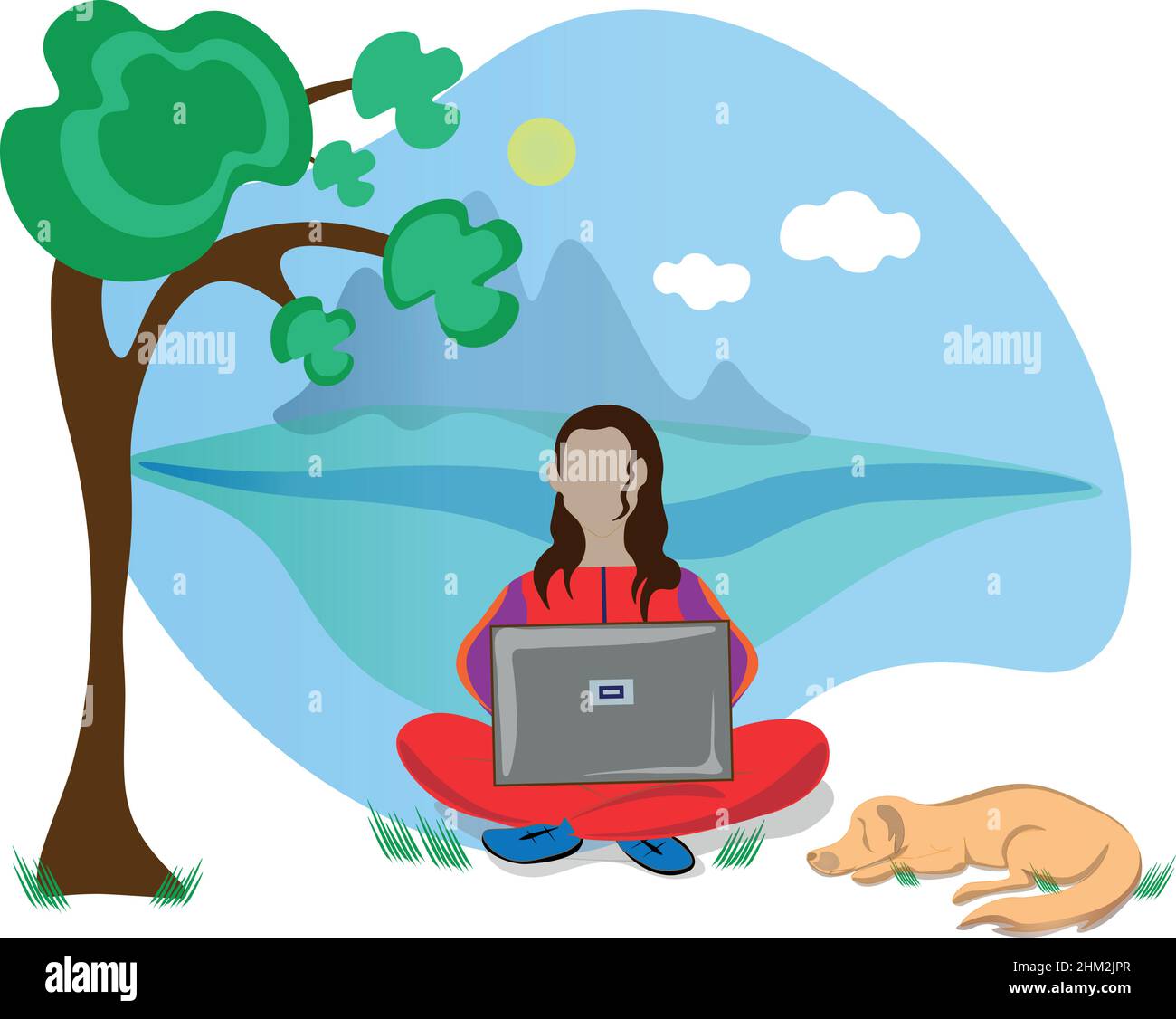 Schöne Illustration einer Dame in einem Trainingsanzug sitzt in der Natur arbeiten auf einem Laptop, ihr Hund schläft neben ihr. vector Stock Vektor
