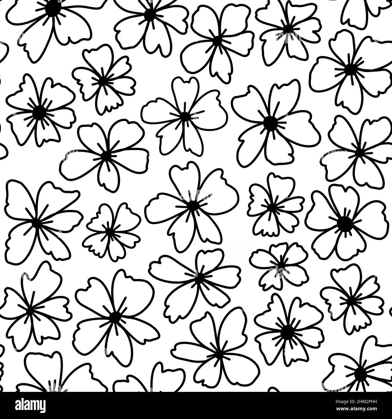 Nahtloses handgezeichnetes Muster mit schwarzen und weißen Blüten floralen botanischen Elementen, Blätter Blatt Ast Blüte. Minimalistische monochrome Gänseblümchen-Rosengewächse auf weißem Hintergrund, für textile Tapete Geschenkpapier Dekor Stockfoto