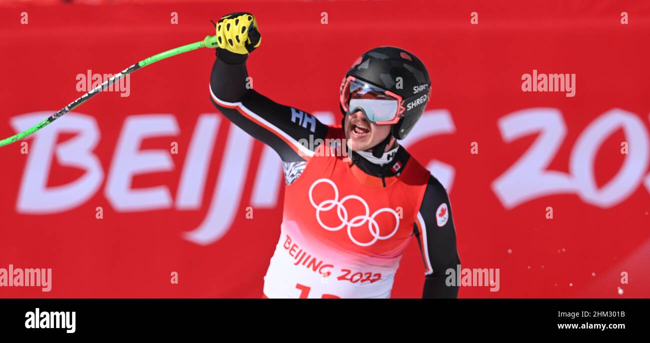 Yanqing, China. 07th. Februar 2022. Olympische Spiele, Ski alpin, Abfahrt, Männer im Nationalen Alpinen Ski-Zentrum. James Crawford aus Kanada reagiert. Quelle: Robert Michael/dpa-Zentralbild/dpa/Alamy Live News Stockfoto
