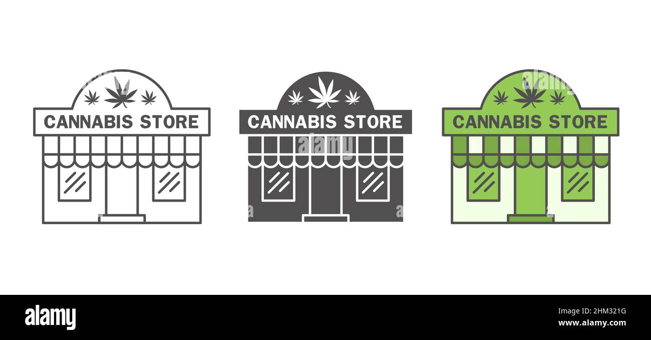 Cannabis Store Icon Set. Medizinisches Marihuana Geschäft für Unkrautkauf. Skizzieren Sie die Abbildung des vorderen Gebäudes auf weißem Hintergrund. Stock Vektor