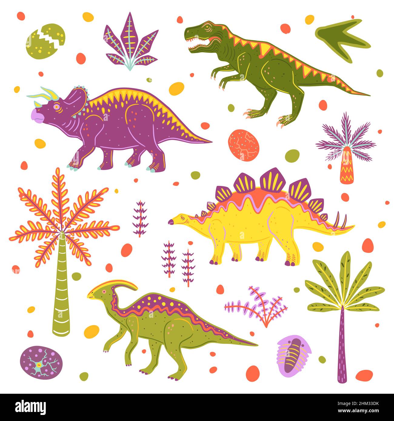 Set mit bunten Dinosauriern, Palmen und Dinosauriereiern. Vector flache Illustration Kollektion Stock Vektor Set mit bunten Dinosauriern, Palmen und Dinosauriereiern. Vector flache Illustration Kollektion Stock Vektor