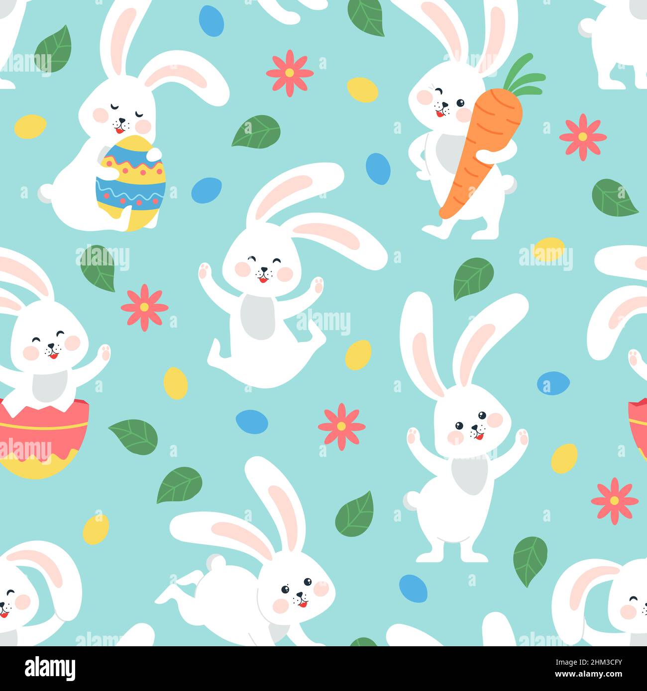 Nahtloses Osterhasen-Muster. Kleinkinder Hasen, Frühling florieren festlichen Hintergrund. Kaninchen mit Eiern und Blumen, Cartoon Hase anständigen Vektor-Druck Stock Vektor
