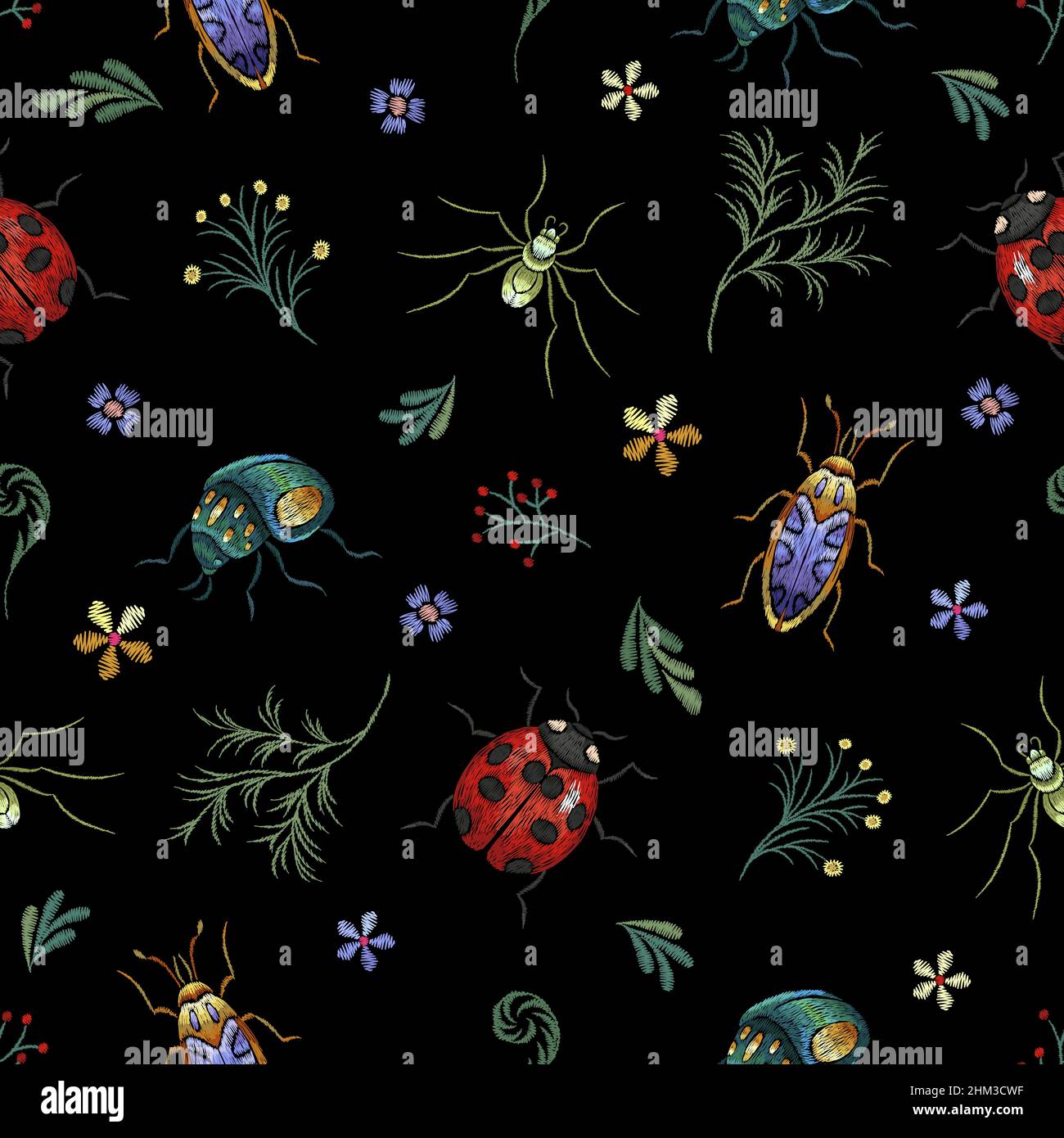 Insektenmuster. Gartenstickerei Zweig und Käfer, Seidenstich vintage ethnische nahtlose Textur. Blumen und Spinne, Marienkäfer. Vektor-Design Stock Vektor