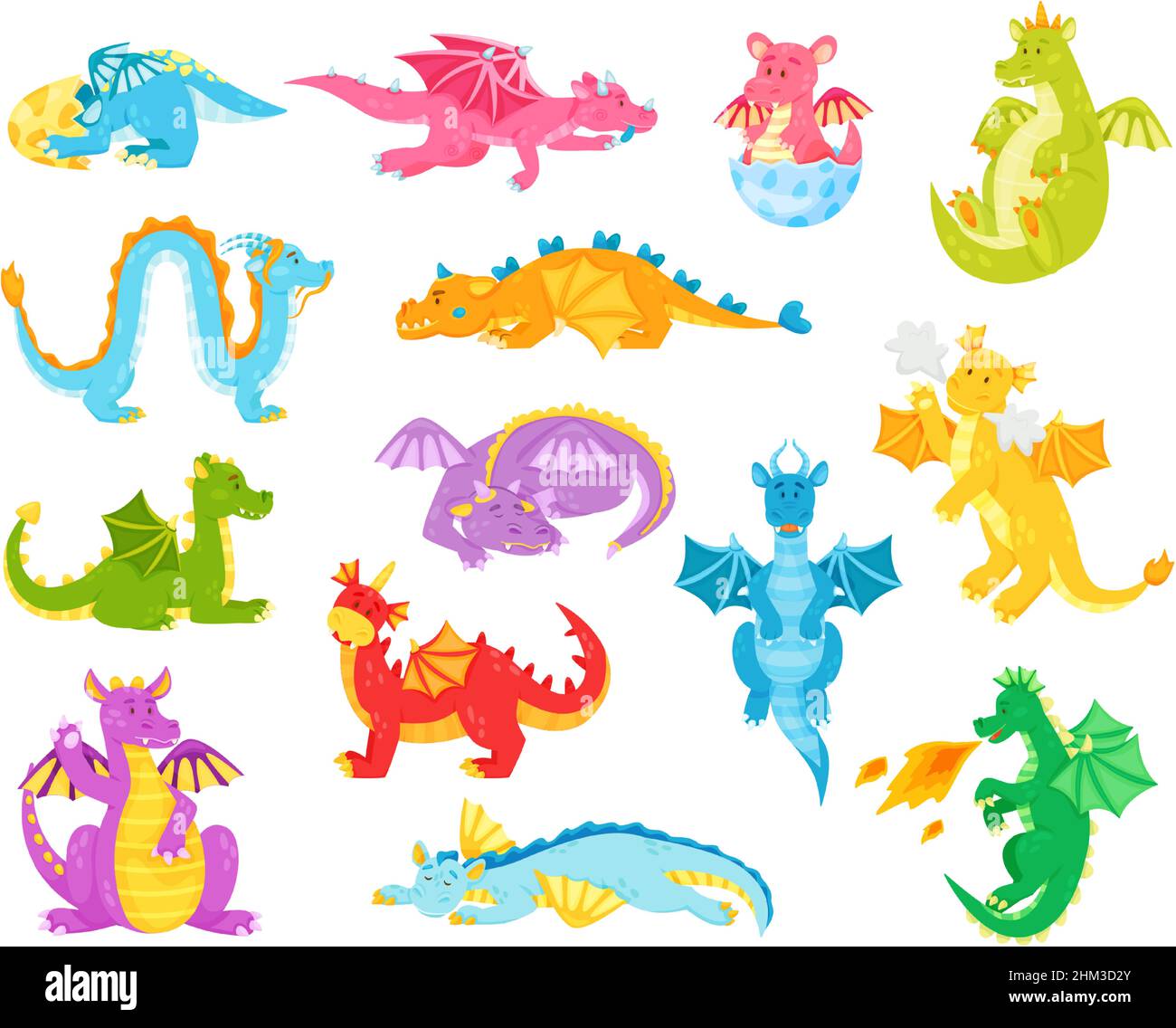 Cartoon-Drachen, lustige Fantasy-Reptilien. Bunte Dinos für Kinder Märchen. Magische Figuren aus der mittelalterlichen Mythologie oder Legenden, die Feuer atmen, fliegen und schlafen. Niedliche Kreaturen Vektor-Set Stock Vektor