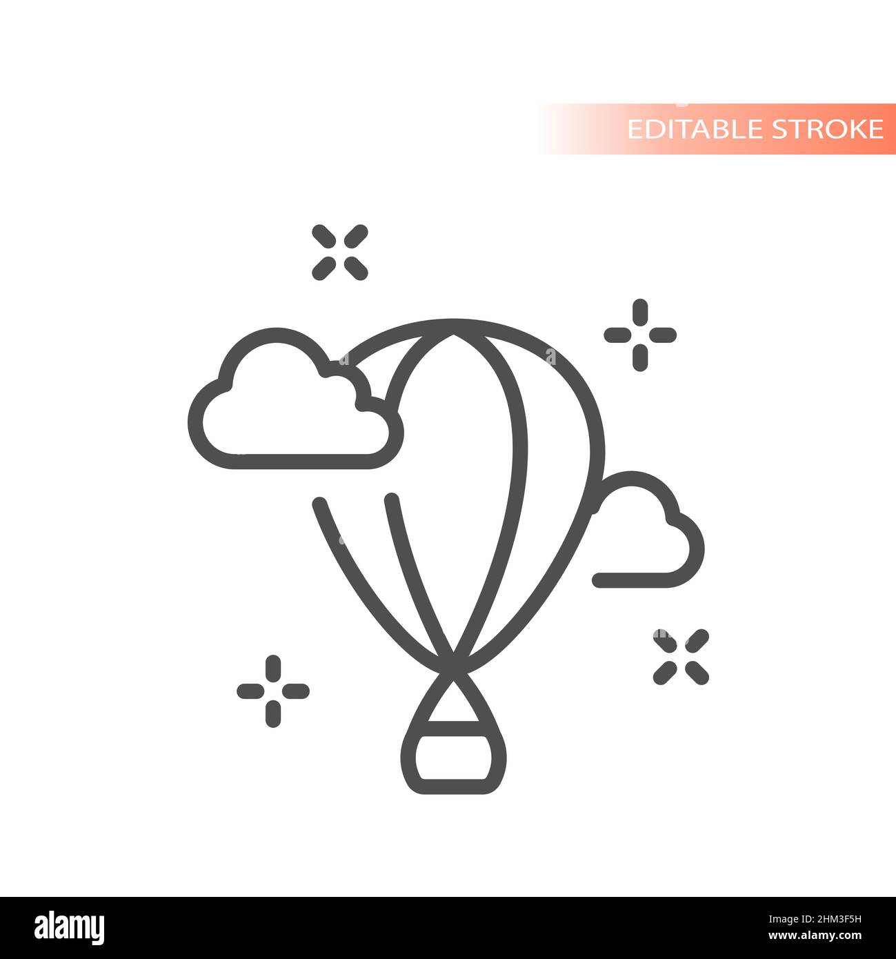 Heißluftballon fliegt mit Wolken. Vektorsymbol mit Umriss. Stock Vektor