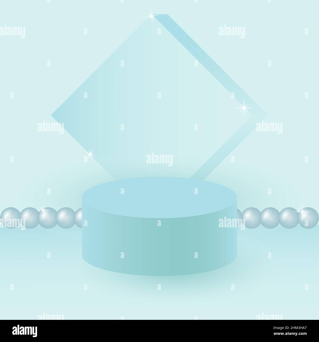 Blaue 3D zylindrische Bühne Podium oder Sockel. Minimale Produktpräsentationsplattform vor dem Hintergrund einer abstrakten Komposition mit Perlen Stock Vektor