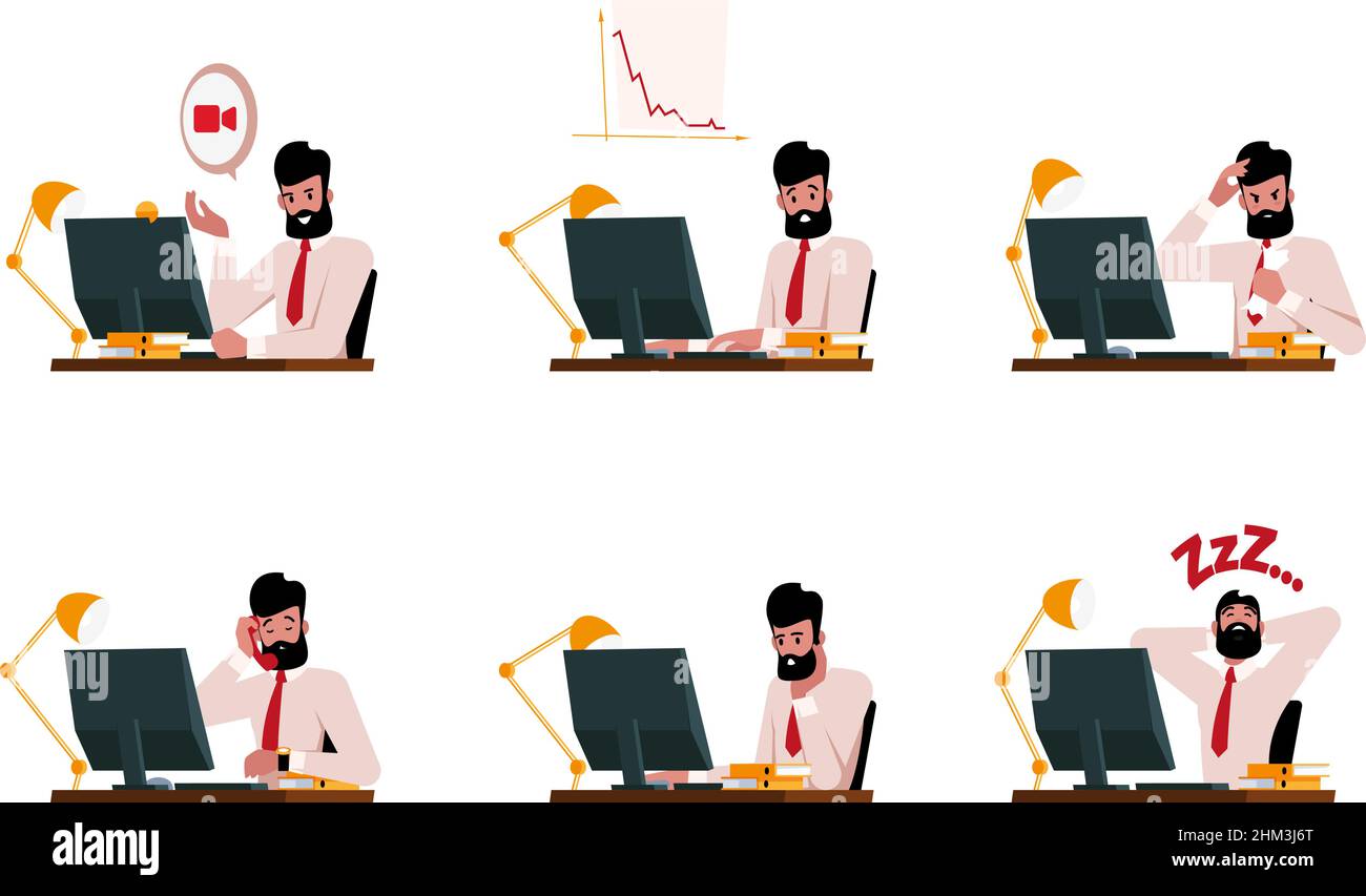 Personen, die am pc sitzen. Geschäftsmann arbeitet am Laptop professionellen Arbeitsplatz mit Computer faul Charakter grellen Vektor Cartoon Vorlage Stock Vektor