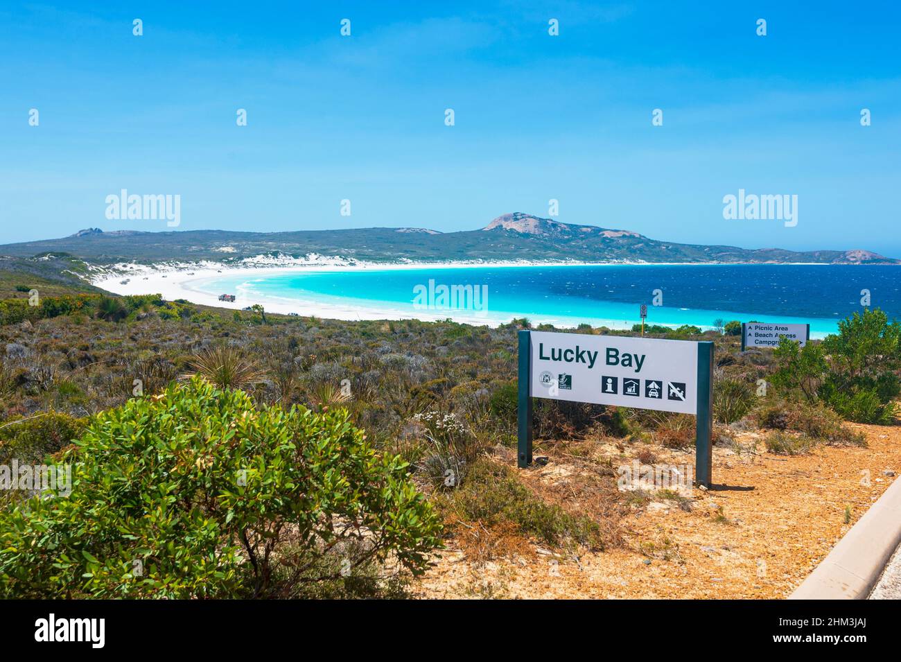 Panoramablick auf den berühmten Lucky Bay Beach, Cape Le Grand, in der Nähe von Esperance, Western Australia, WA, Australien Stockfoto