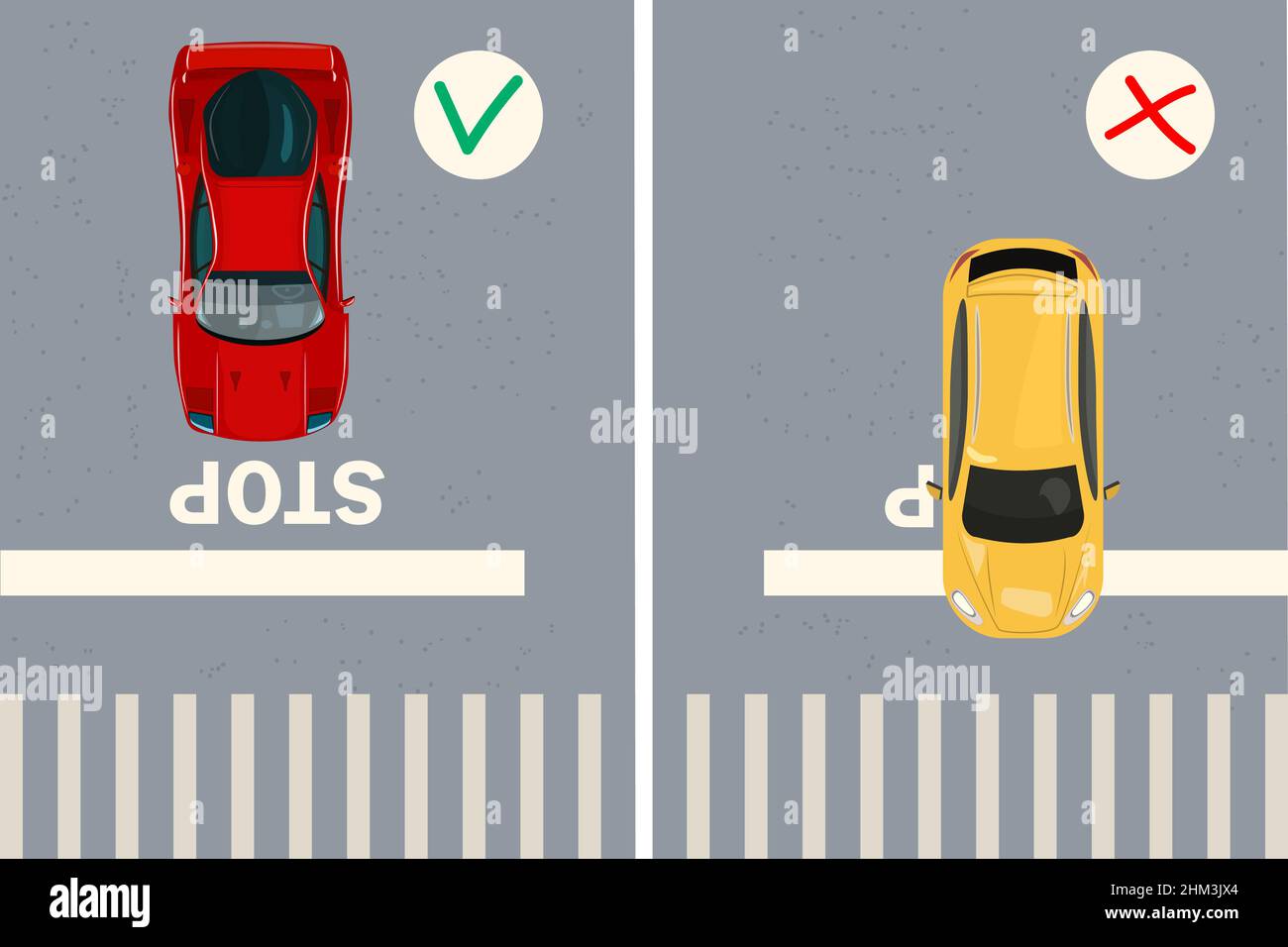 Auto an der Haltestelle. Stoppliniregel. Draufsicht auf korrekte und falsche Anhaltewagen auf der Anschlagspur. Der Fahrer hält das Fahrzeug auf dem Fußgängerüberweg an. Verkehrsmarkierung Stock Vektor