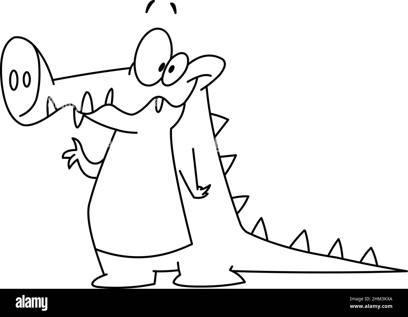 Umrandet lächelnder Krokodil-Alligator, der mit seiner Hand winkt. Vektor Linie Kunst Illustration Malvorlagen. Stock Vektor