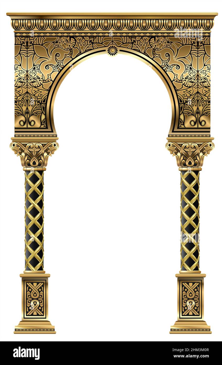 Goldener Luxus klassischer Bogen mit Säulen. Das Portal im Barockstil. Der Eingang zum Feenpalast Stock Vektor