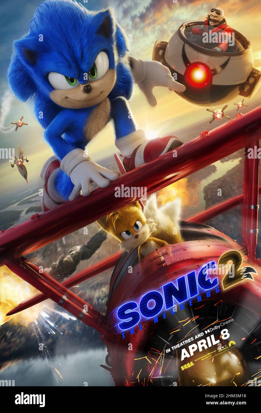Sonic The Hedgehog 2 (2022) unter der Regie von Jeff Fowler mit Ben Schwartz, Idris Elba und Colleen O'Shaughnessey. Dr. Robotnik kehrt zurück, diesmal mit einem neuen Partner, Knuckles, auf der Suche nach einem Smaragd, der die Macht hat, Zivilisationen aufzubauen und zu zerstören. Stockfoto