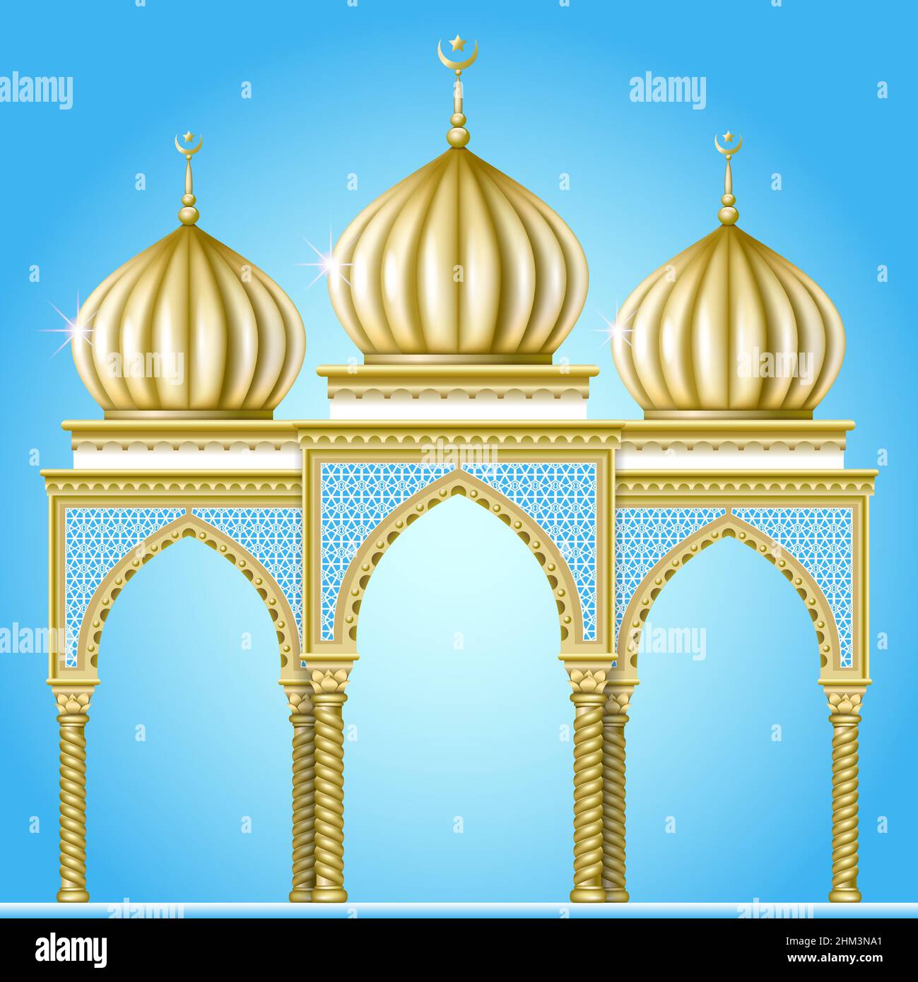 Garten oder religiöses Gebäude im orientalischen Stil mit goldenen Kuppeln und gewölbten Eingängen Stock Vektor