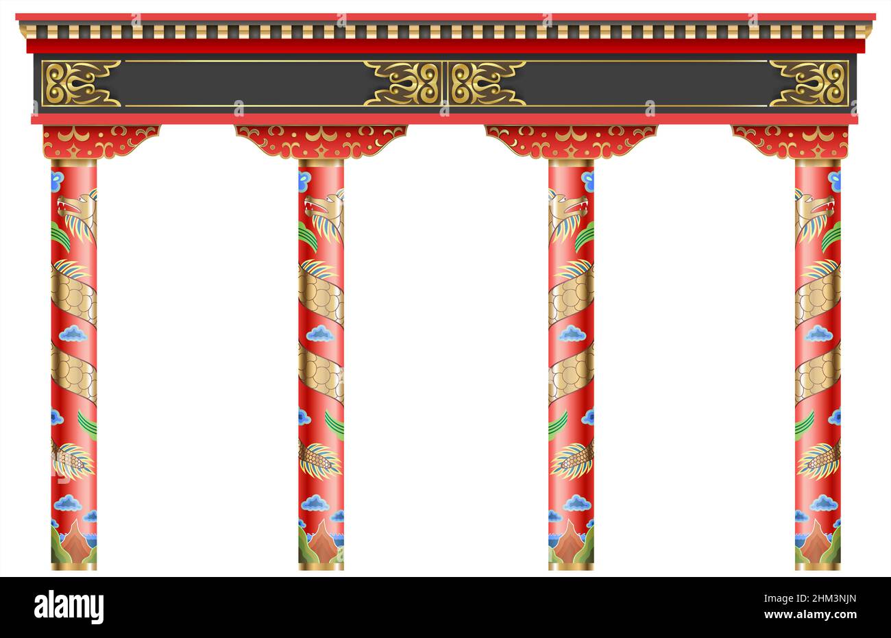 Der östliche rote chinesische Bogen. Geschnitzte Architektur und klassische Säulen. Chinesischer Stil. Dekorativer architektonischer Rahmen in Vektorgrafiken. Stock Vektor