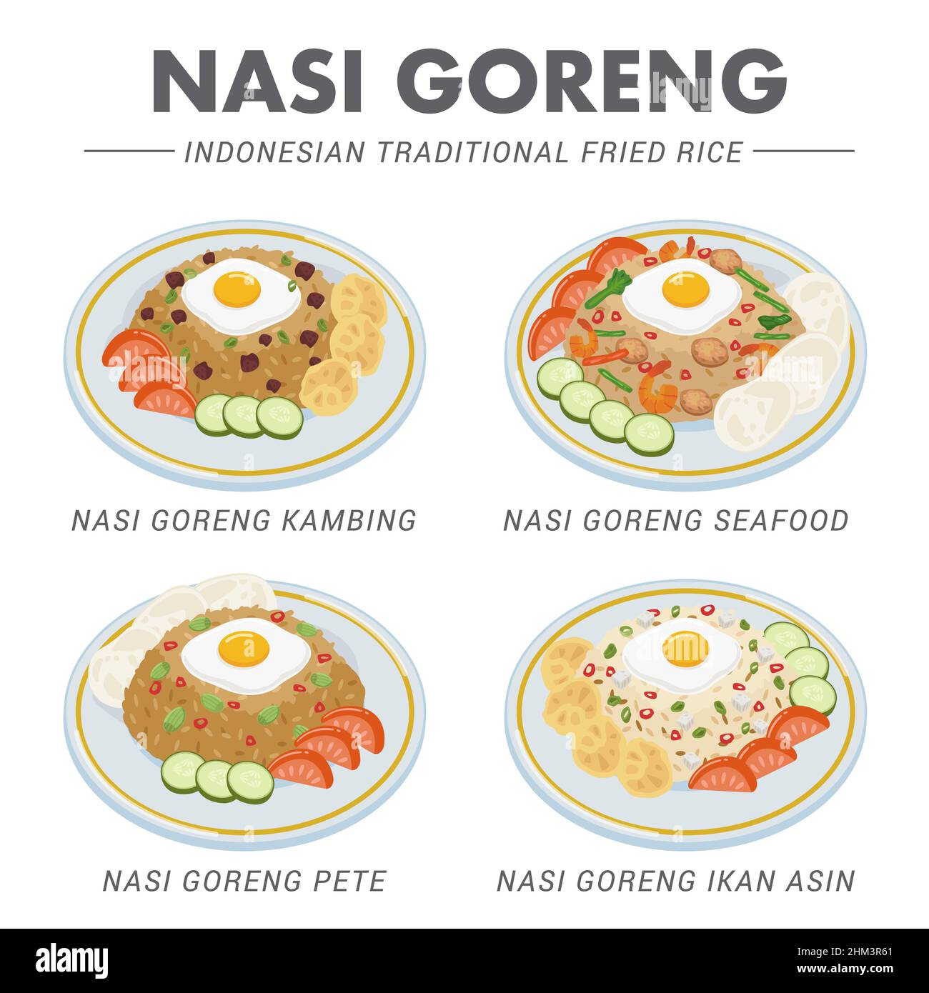 Verschiedene Arten von gebratenen Reis, oder Nasi Goreng in Bahasa Indonesien. Stock Vektor