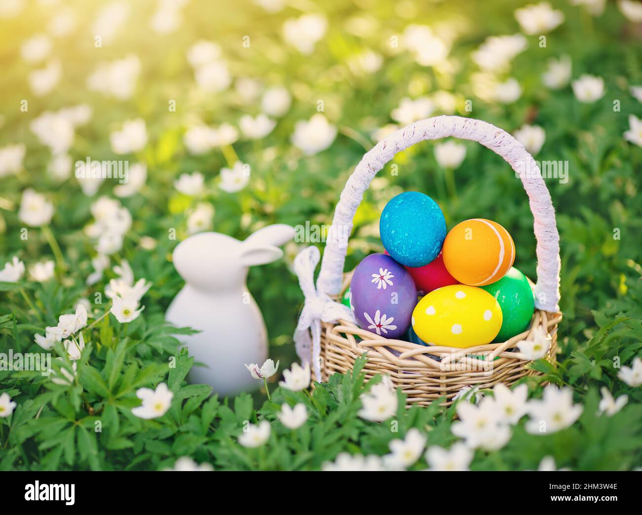 Panoramablick auf das Frühlingsfeld mit Kaninchenspielzeug und Bascket mit bunten Eiern darauf. Stockfoto