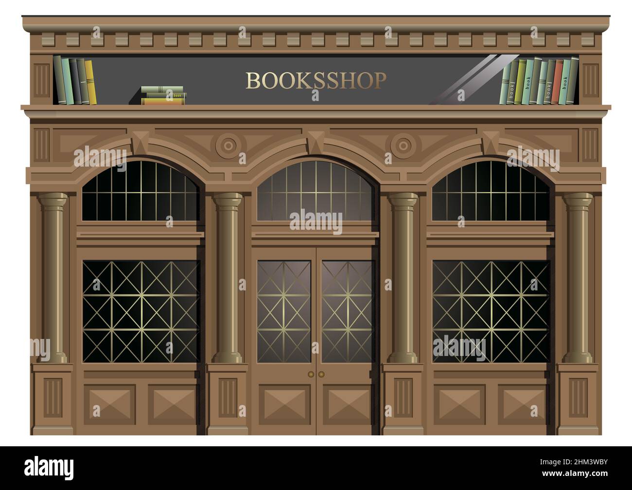Die Außenfassade aus Holz im klassischen Stil, Fenster, Türen, Ausgang, Buchhandlung oder Bibliothek im Vektor. Stock Vektor