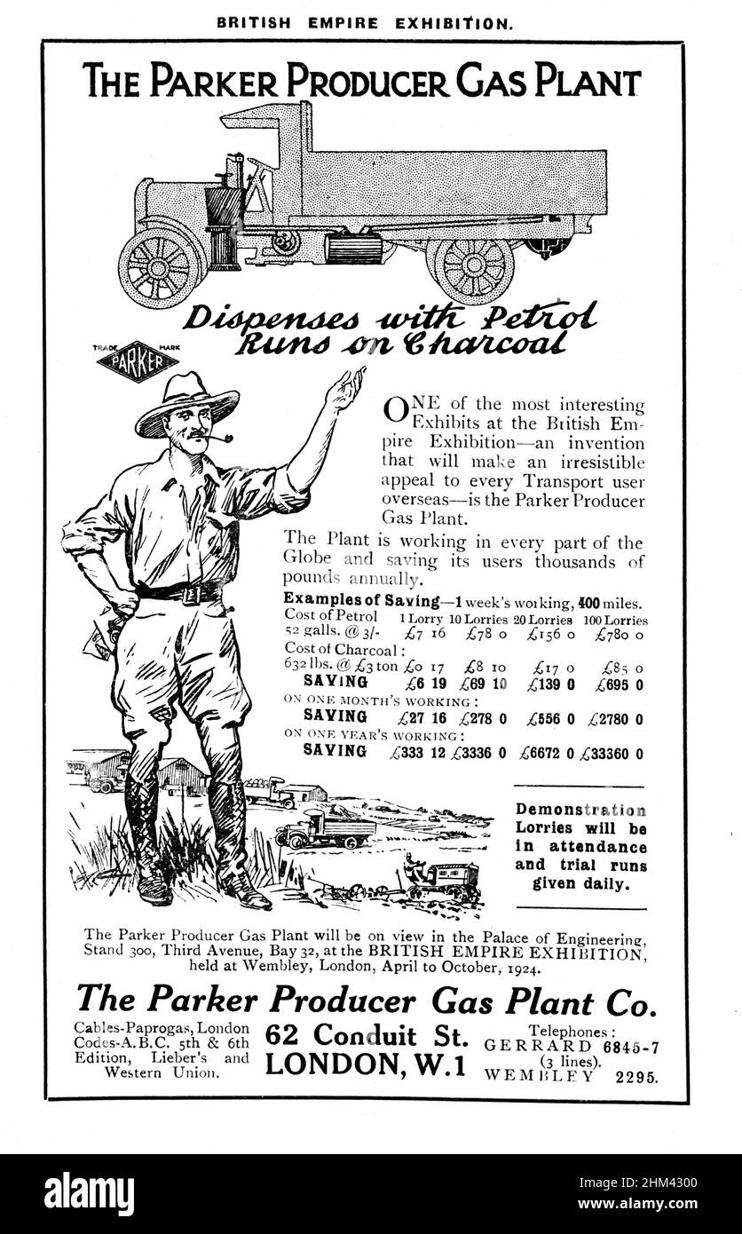 Eine alte Anzeige für den Parker Producer Holzgaswagen, 1924 Stockfoto
