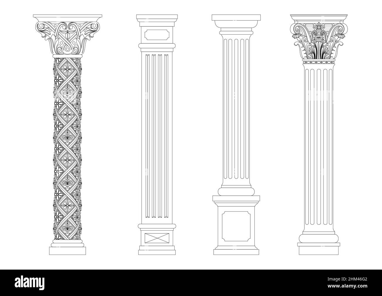 Konturfärbung klassischer Säulen. Satz von Mustern in Vektorgrafiken Stock Vektor
