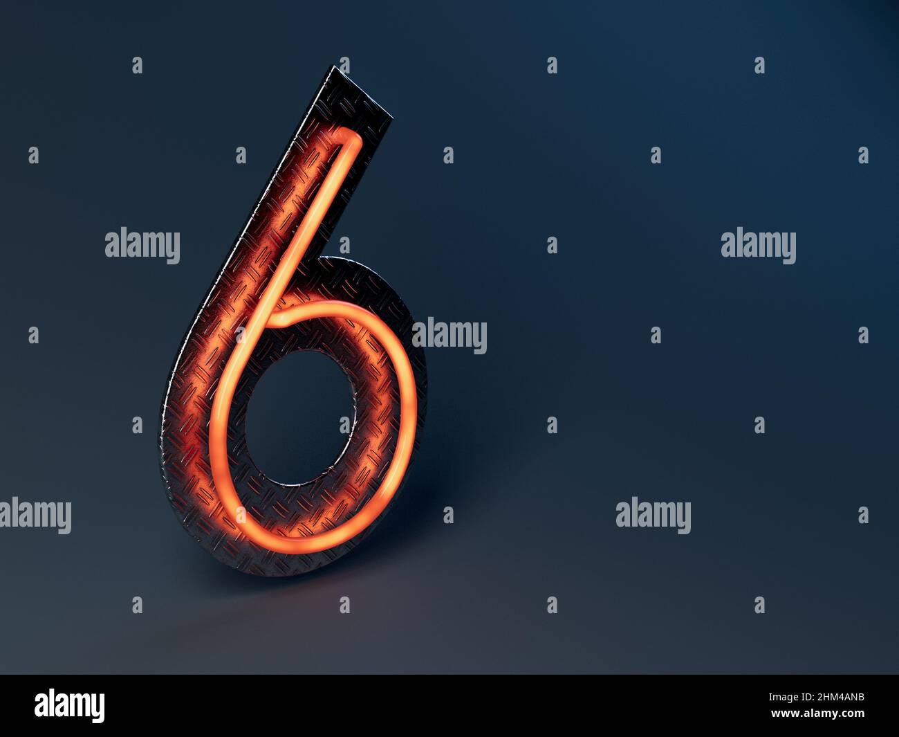 Eine beleuchtete orangefarbene Nummer sechs, die auf einem glänzenden Metallrückwand mit Trittplatte montiert ist - 3D Render Stockfoto