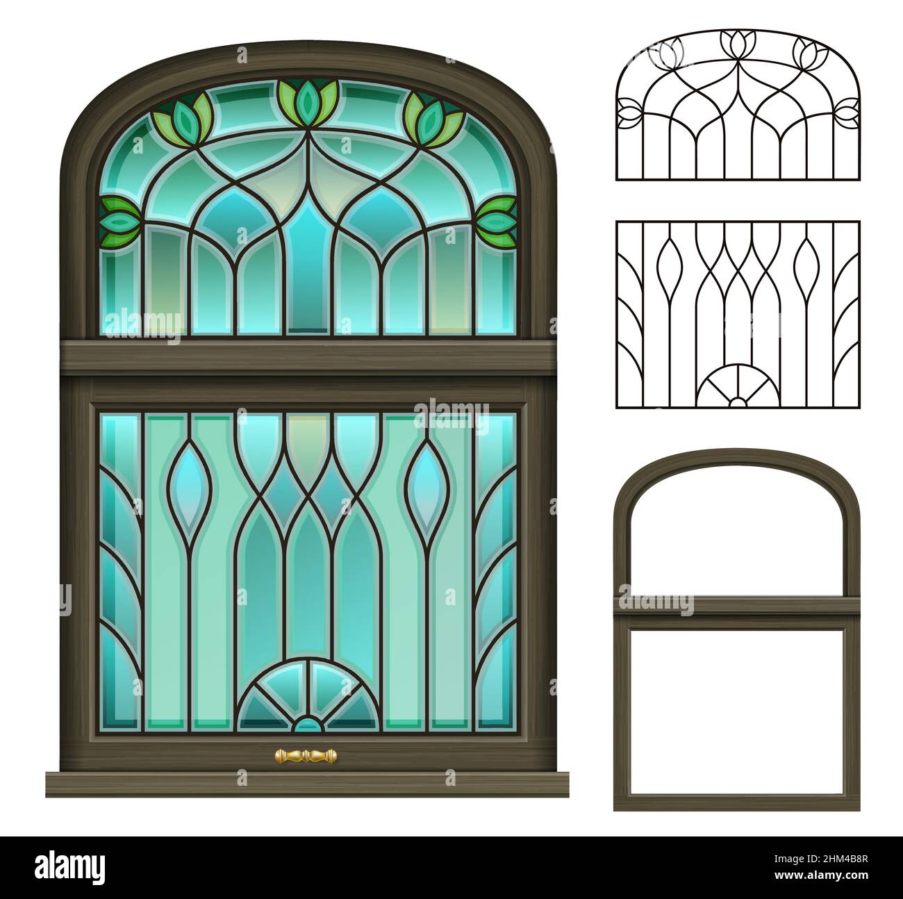 Vektorelemente. Gewölbtes Vintage-Holzfenster mit Buntglas im floralen Stil. Jugendstil-Architektur Stock Vektor